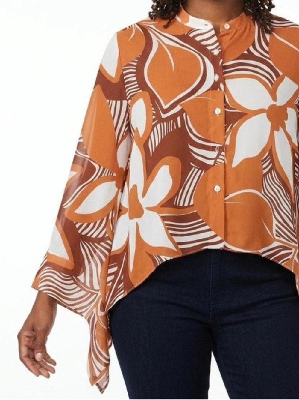 NWOT Nicole Miller Orange Floral Print Button-Front Batwing Top $69